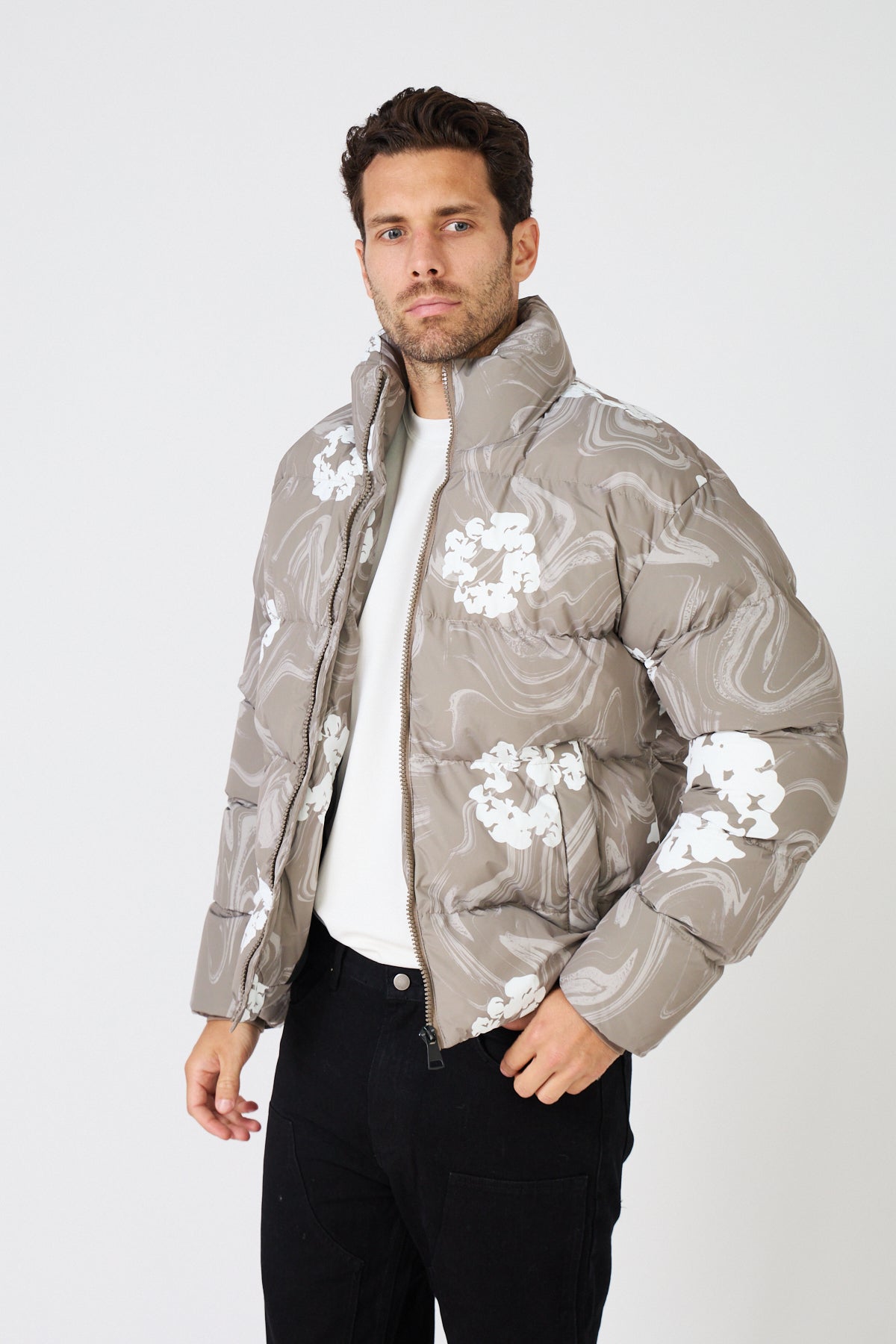 Men's black down jacket with white floral print