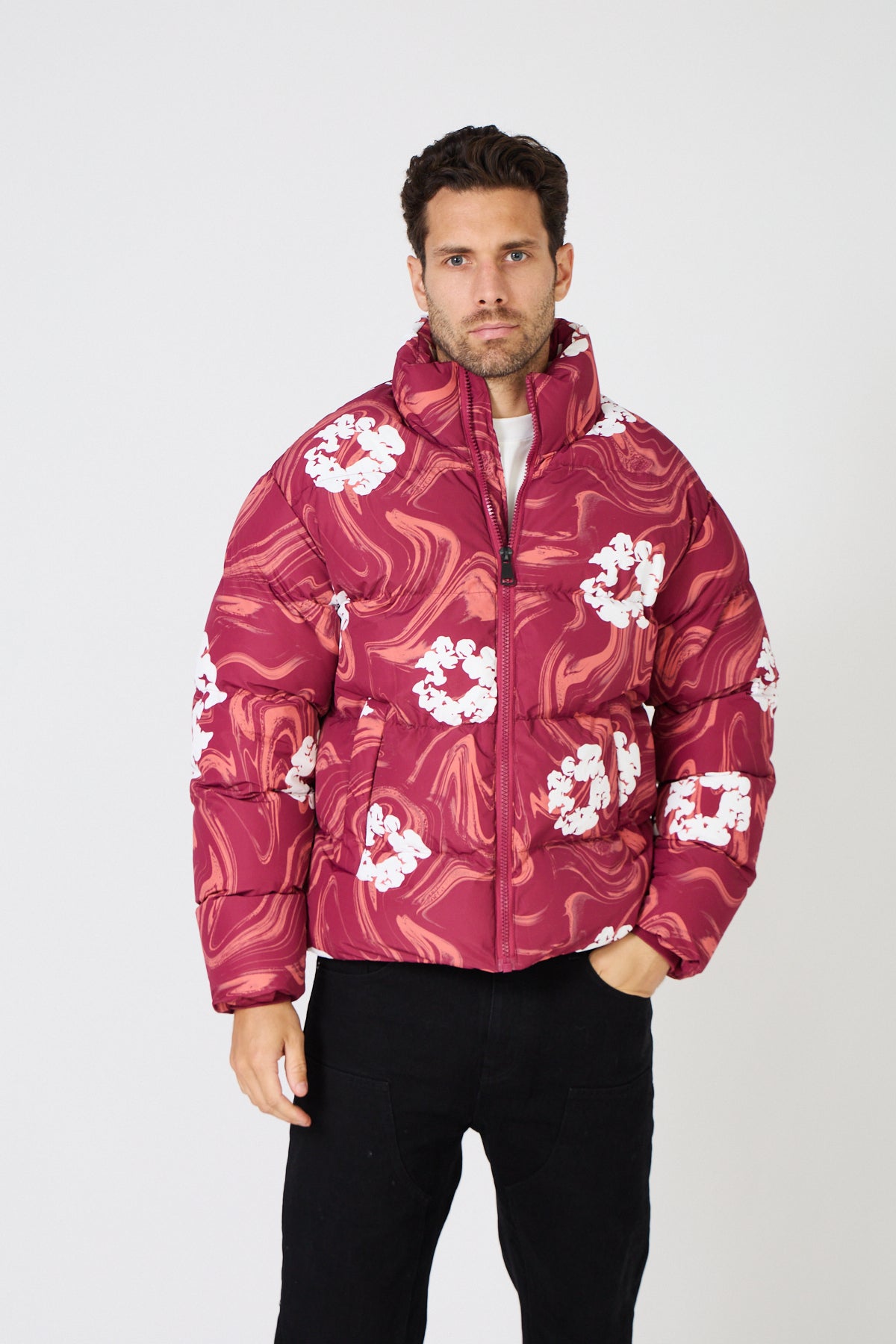 Men's black down jacket with white floral print