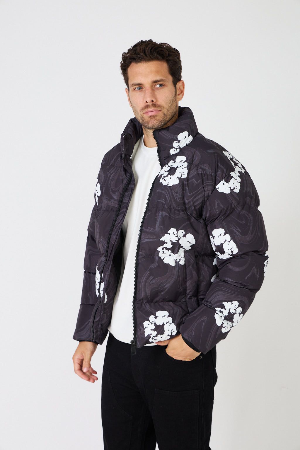 Men's black down jacket with white floral print