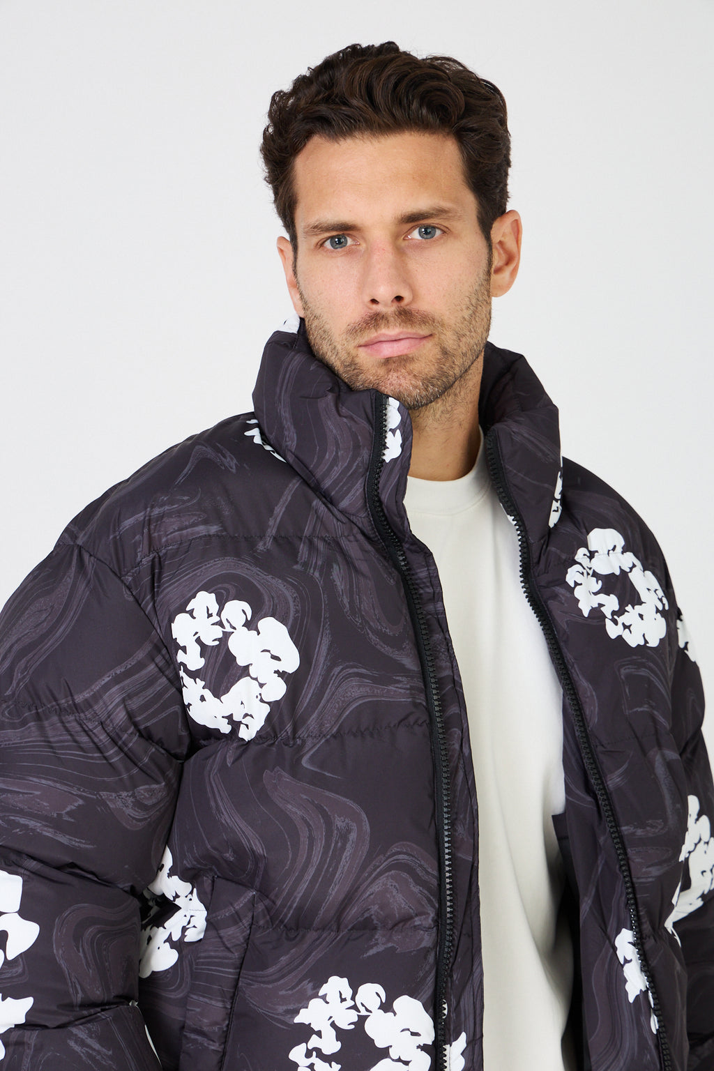 Men's black down jacket with white floral print
