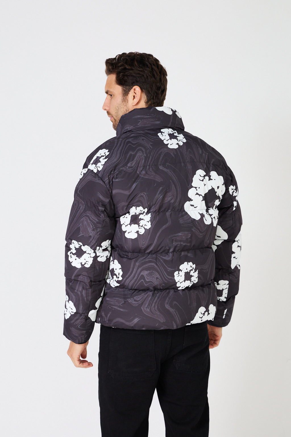 Men's black down jacket with white floral print