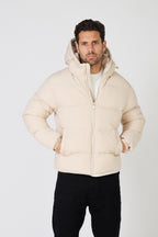 Men's light-colored quilted down jacket with hood