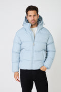Men's light-colored quilted down jacket with hood