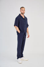 Navy Blue Short Sleeve Linen Shirt