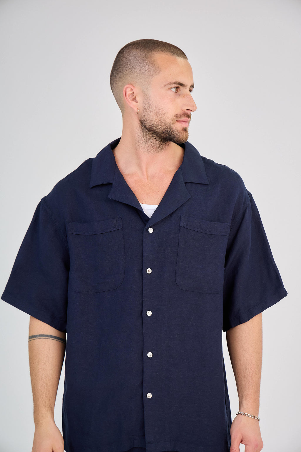 Chemise en Lin Manches Courtes Bleu Marine