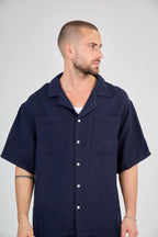Navy Blue Short Sleeve Linen Shirt
