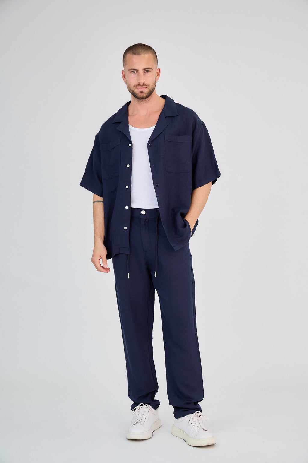 Chemise en Lin Manches Courtes Bleu Marine