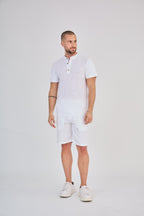 White Short Sleeve Linen T-Shirt with Mandarin Collar