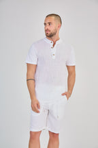 White Short Sleeve Linen T-Shirt with Mandarin Collar