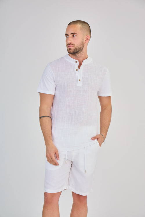 White Short Sleeve Linen T-Shirt with Mandarin Collar