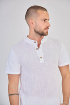 White Short Sleeve Linen T-Shirt with Mandarin Collar
