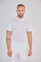 White Short Sleeve Linen T-Shirt with Mandarin Collar