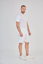 White Short Sleeve Linen T-Shirt with Mandarin Collar