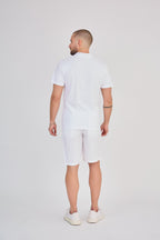 White Short Sleeve Linen T-Shirt with Mandarin Collar