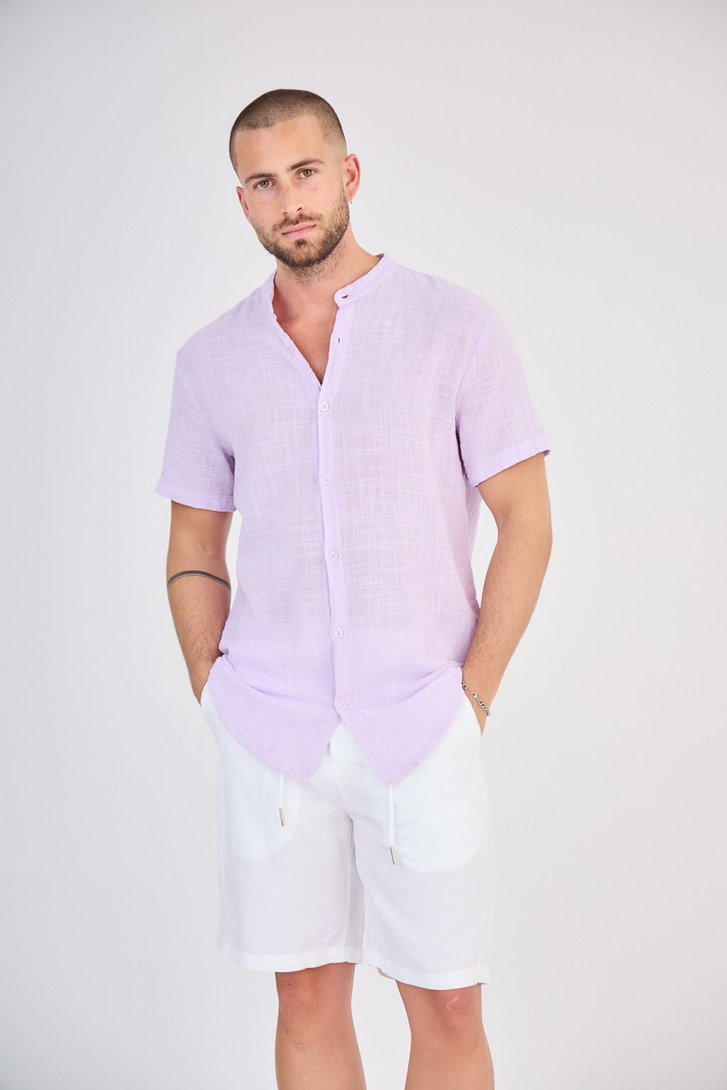 Chemise en Lin Manches Courtes Rose Pâle
