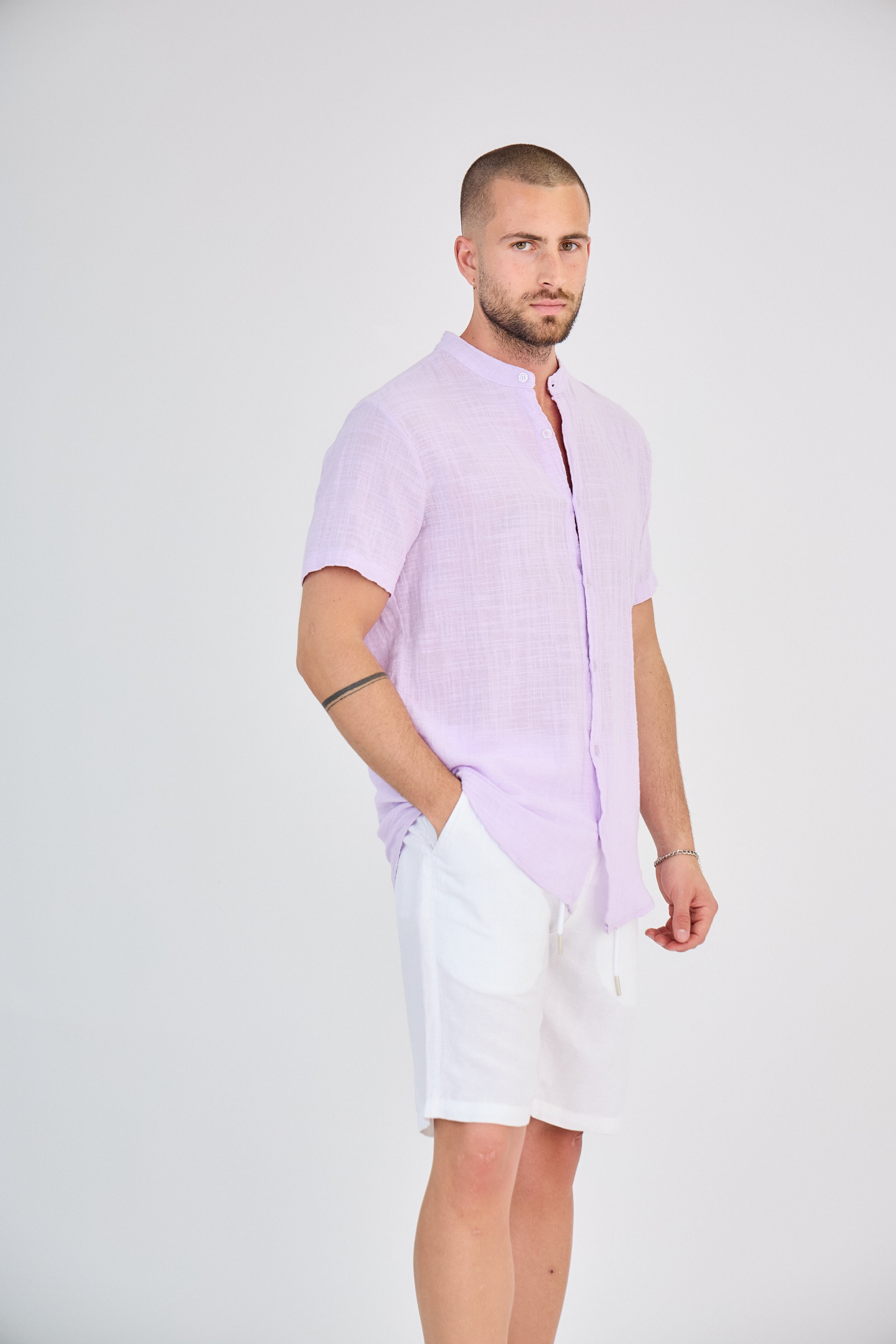 Chemise en Lin Manches Courtes Rose Pâle