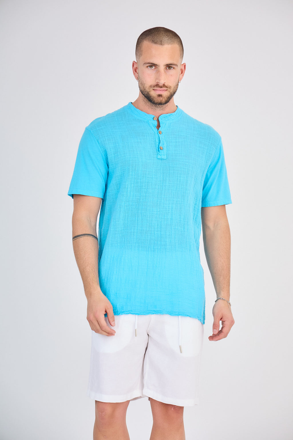 Chemisette en Lin Col Mao Turquoise