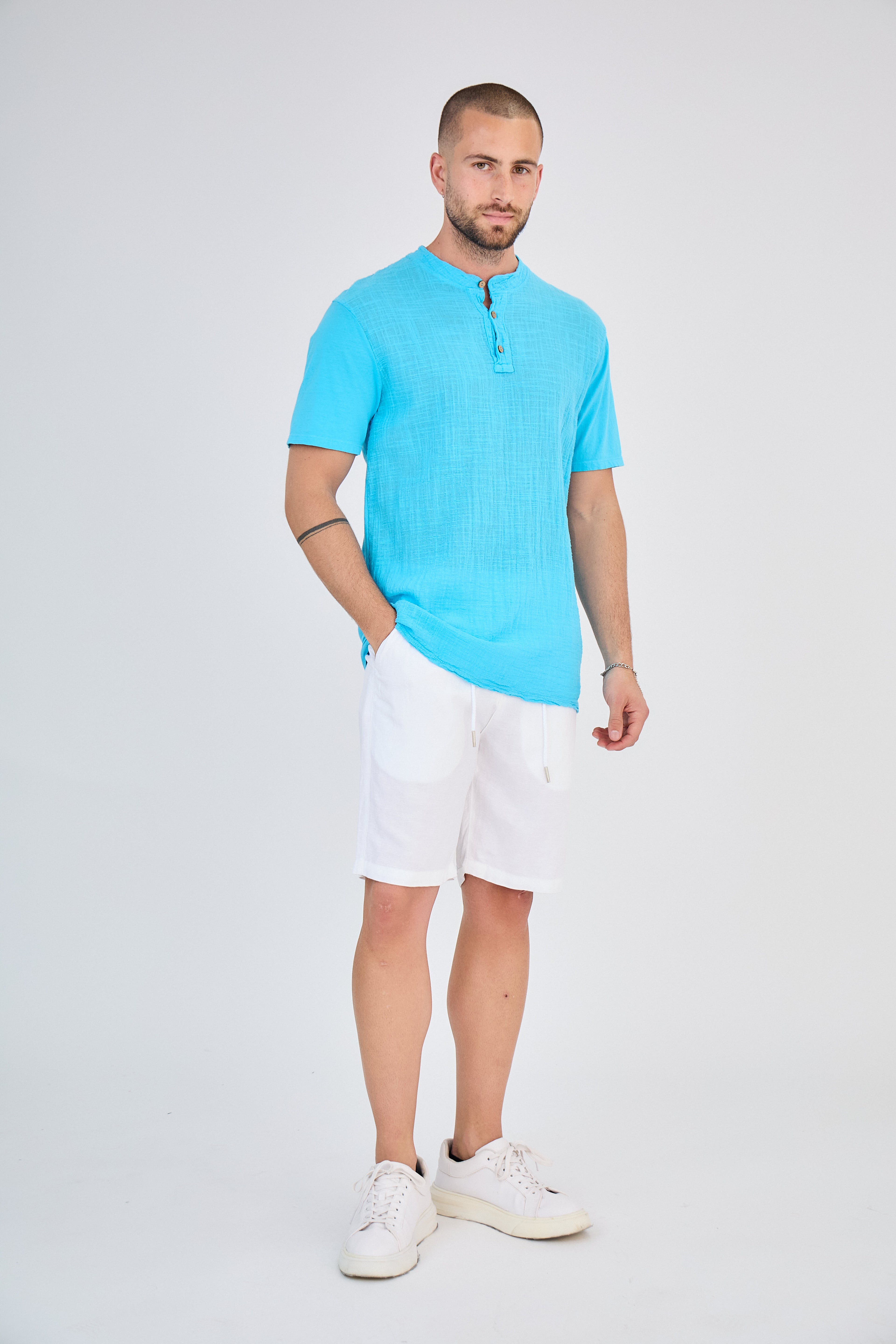 Turquoise Blue Short Sleeve Linen T-Shirt