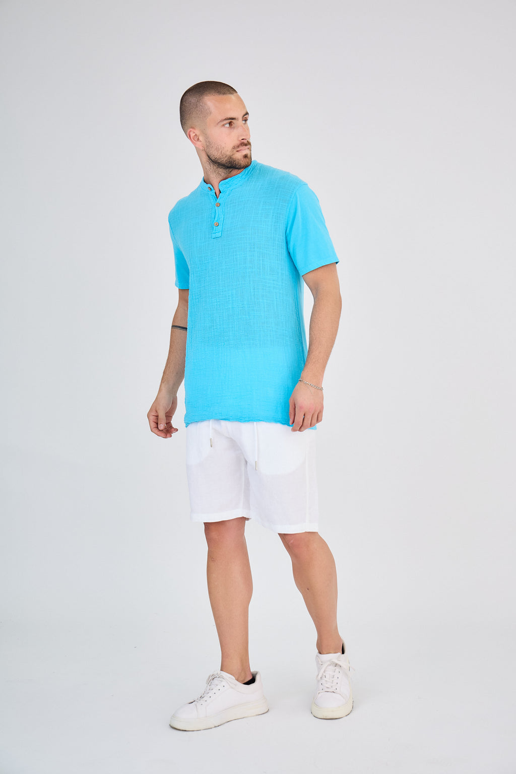 Chemisette en Lin Col Mao Turquoise