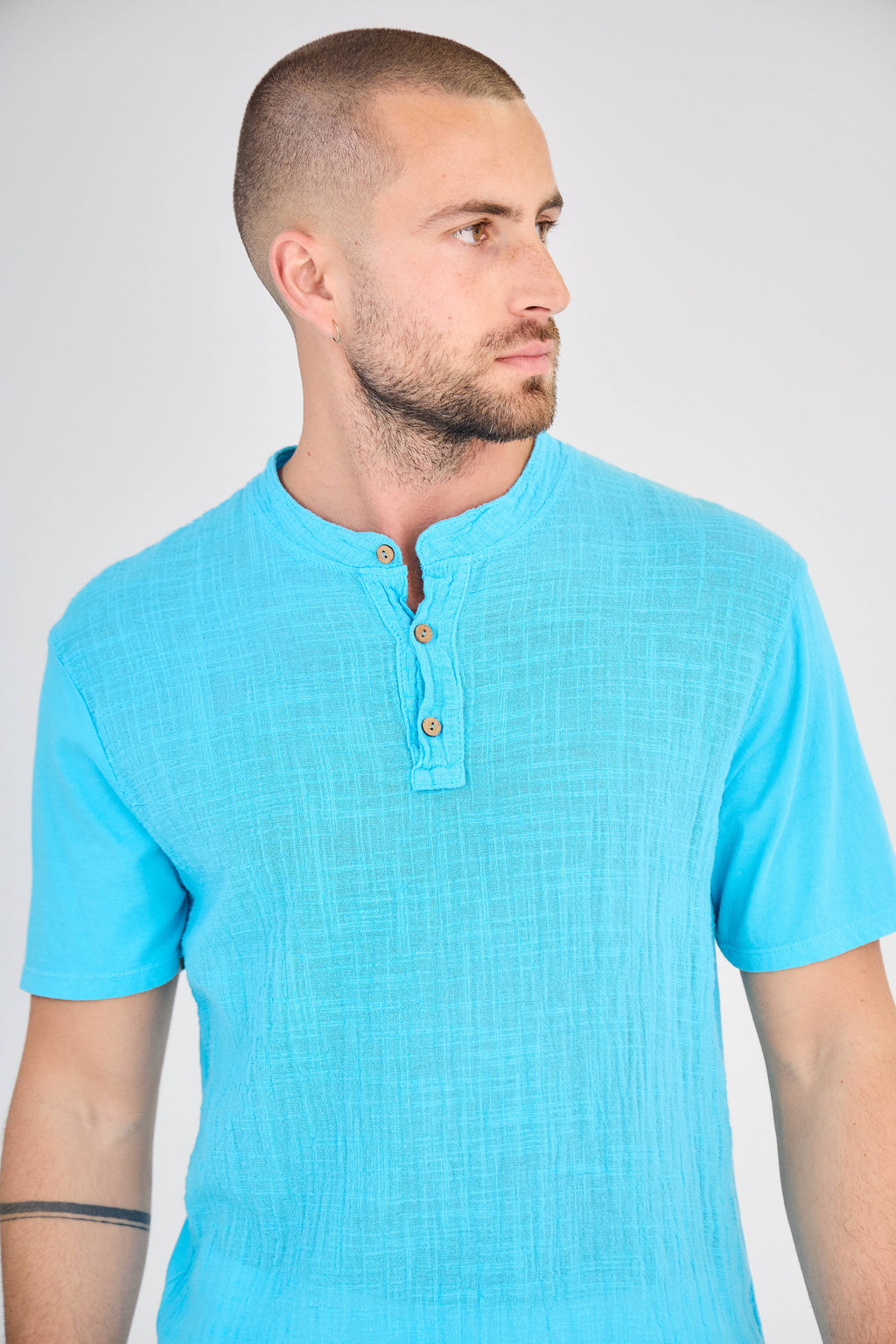 Chemisette en Lin Col Mao Turquoise