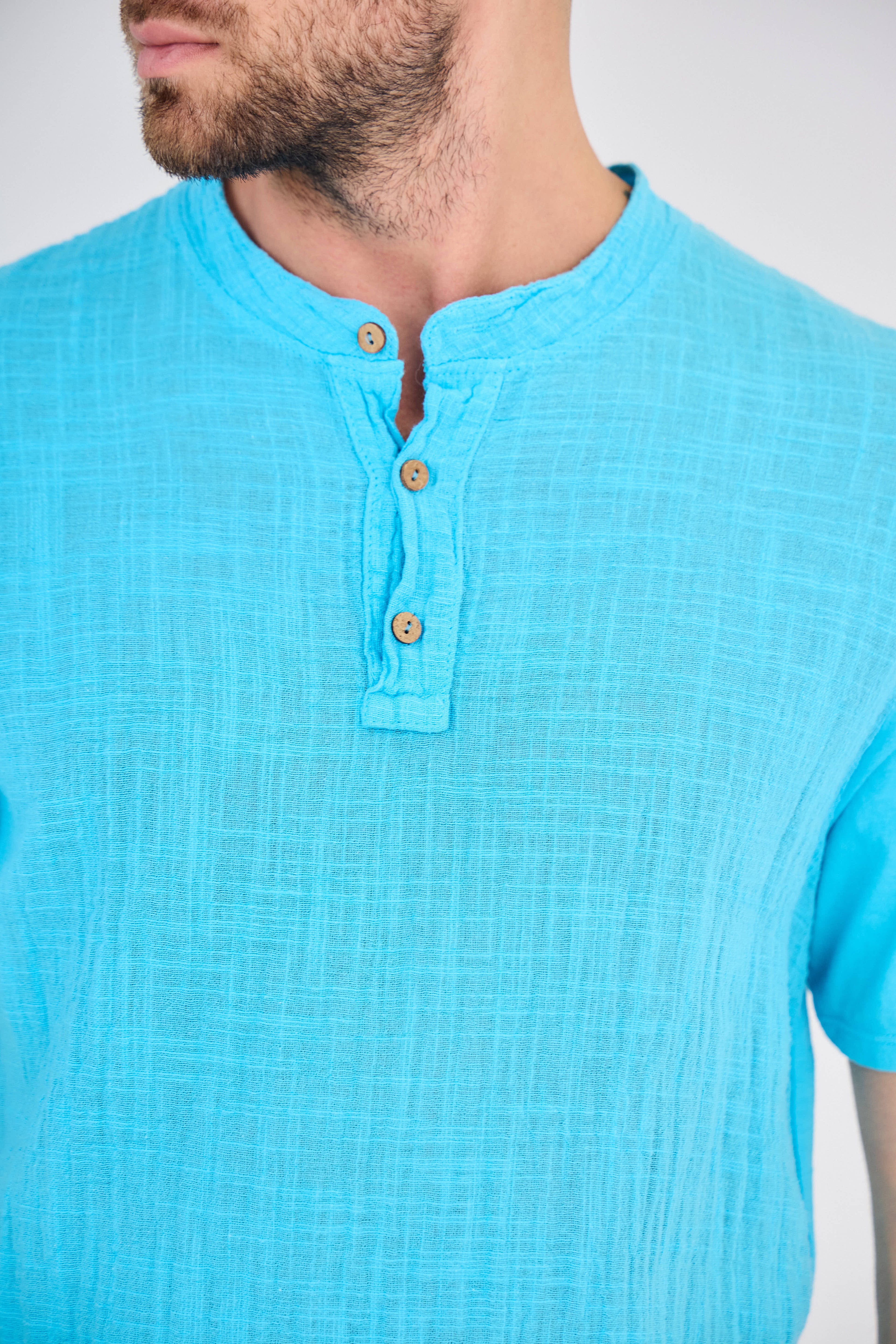 Chemisette en Lin Col Mao Turquoise