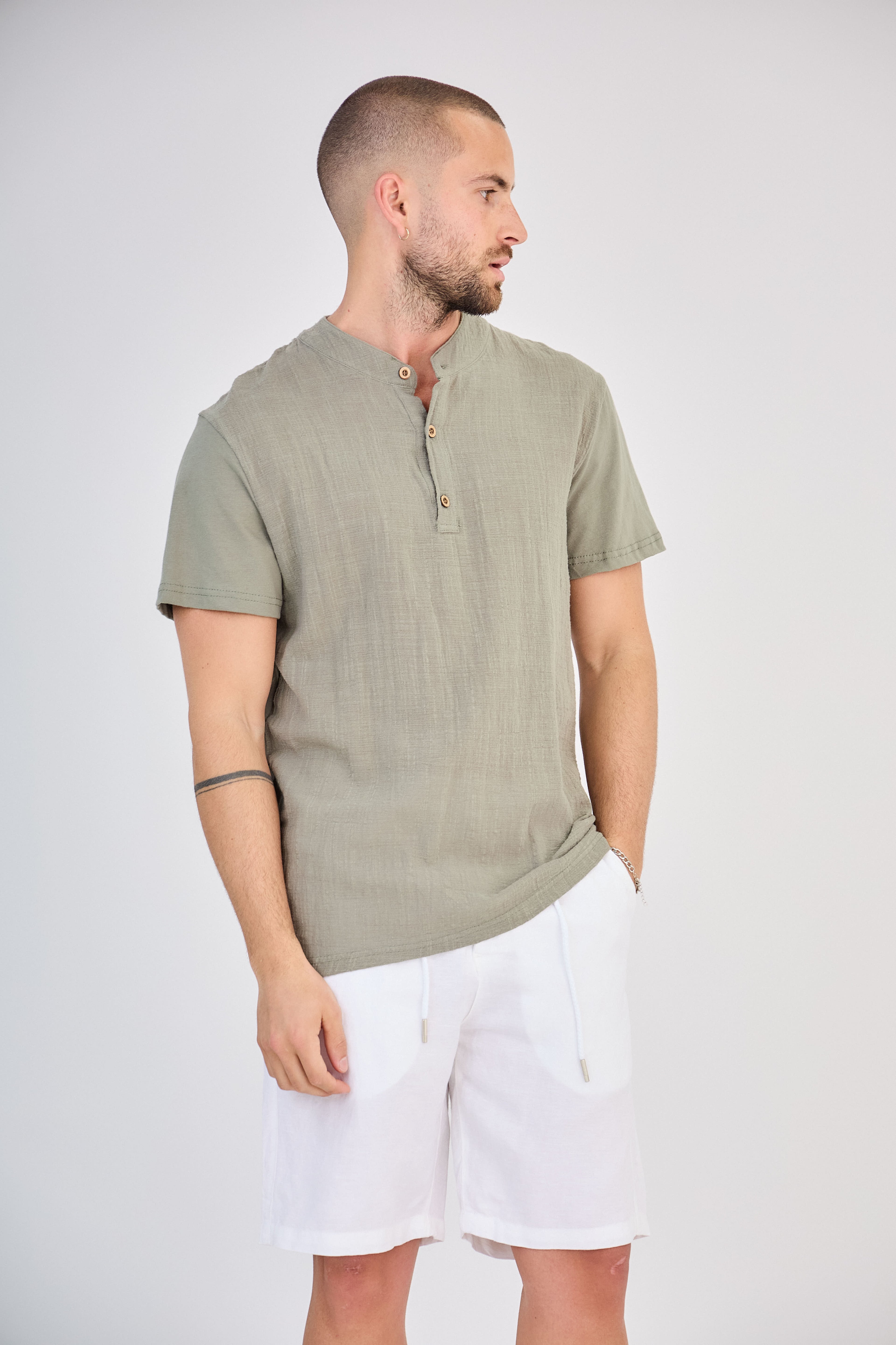 Chemisette en Lin Col Mao Kaki