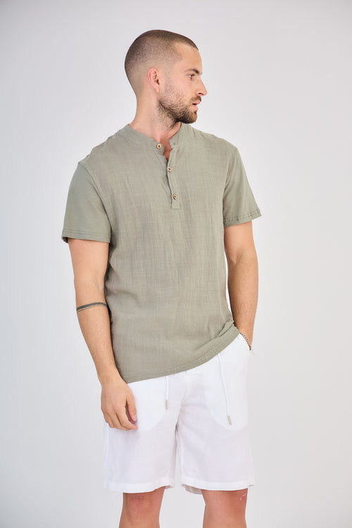 Olive Green Short Sleeve Linen Henley T-Shirt
