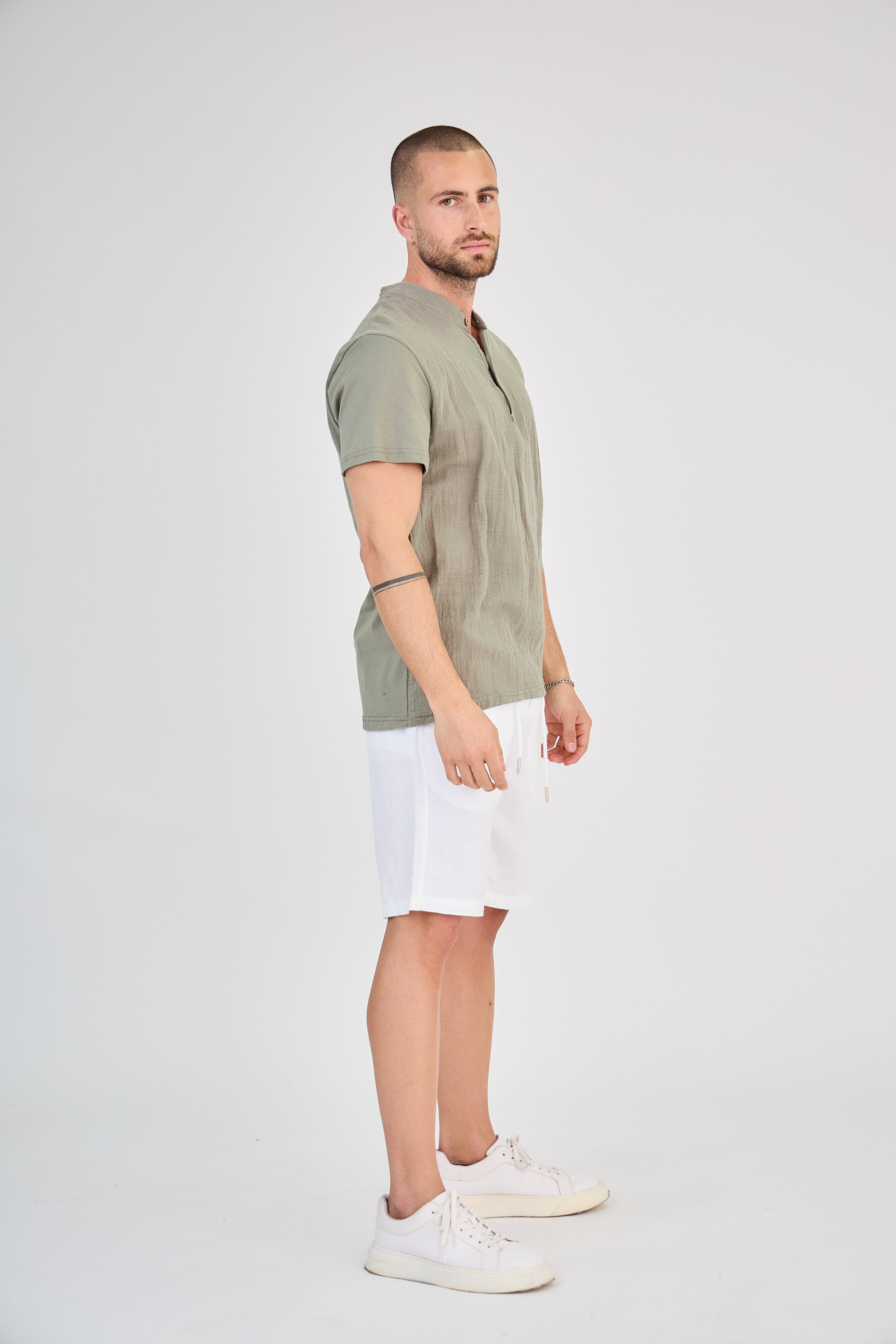 Chemisette en Lin Col Mao Kaki