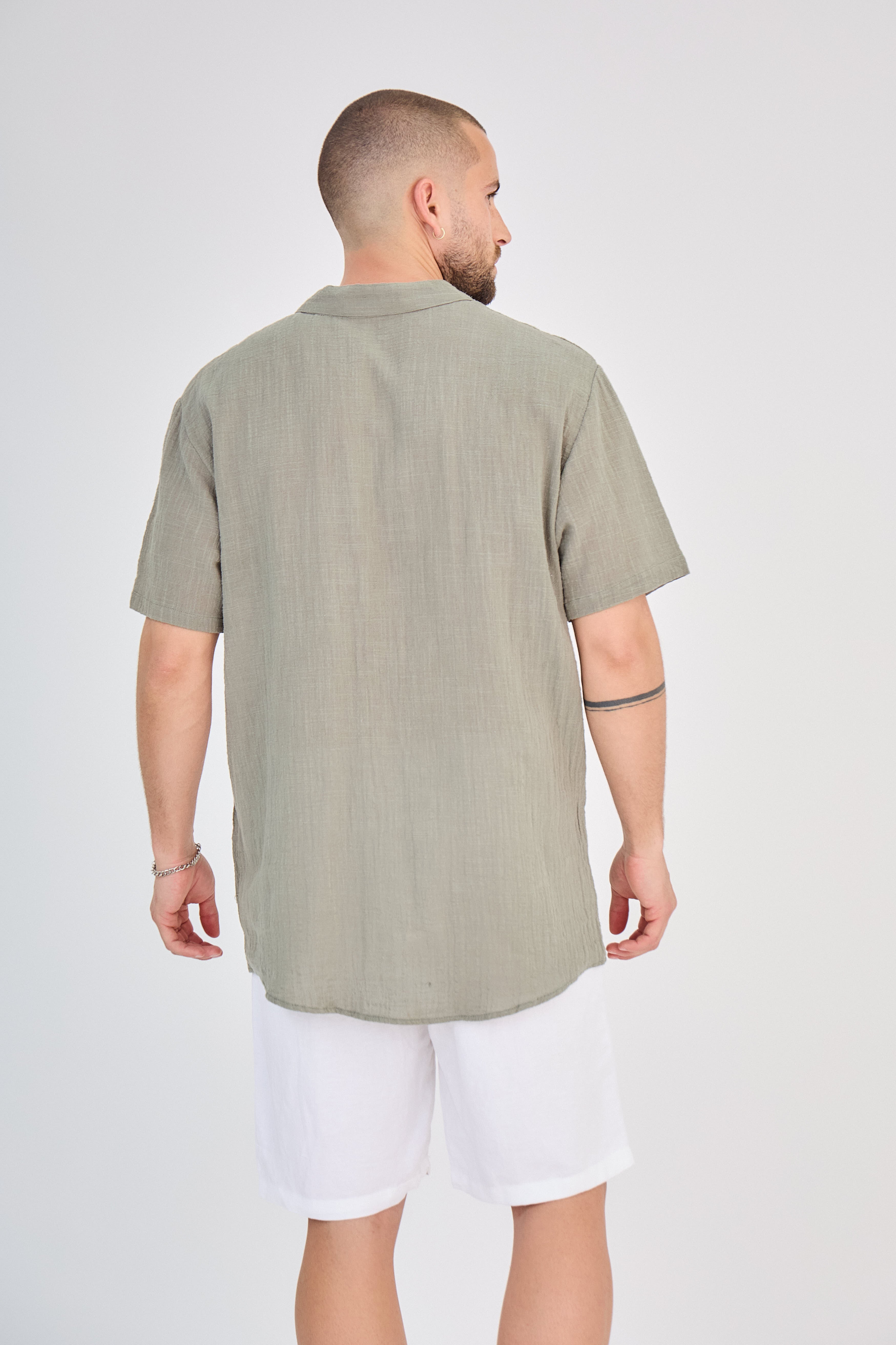 Chemise en Lin Manches Courtes Vert Olive