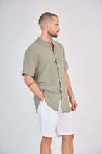 Olive Green Short Sleeve Linen Shirt