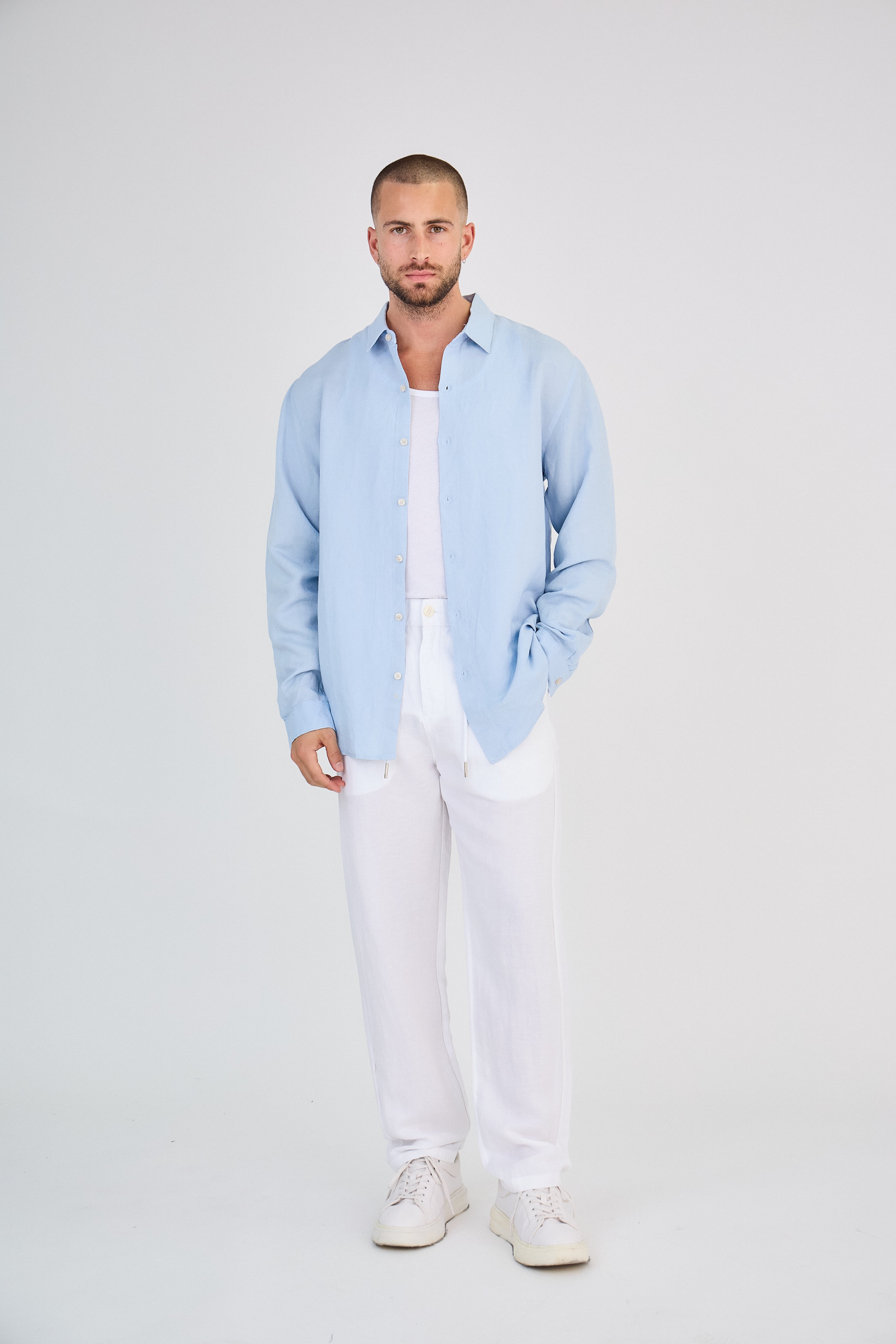 Chemise en Lin Manches Longues Bleu Ciel