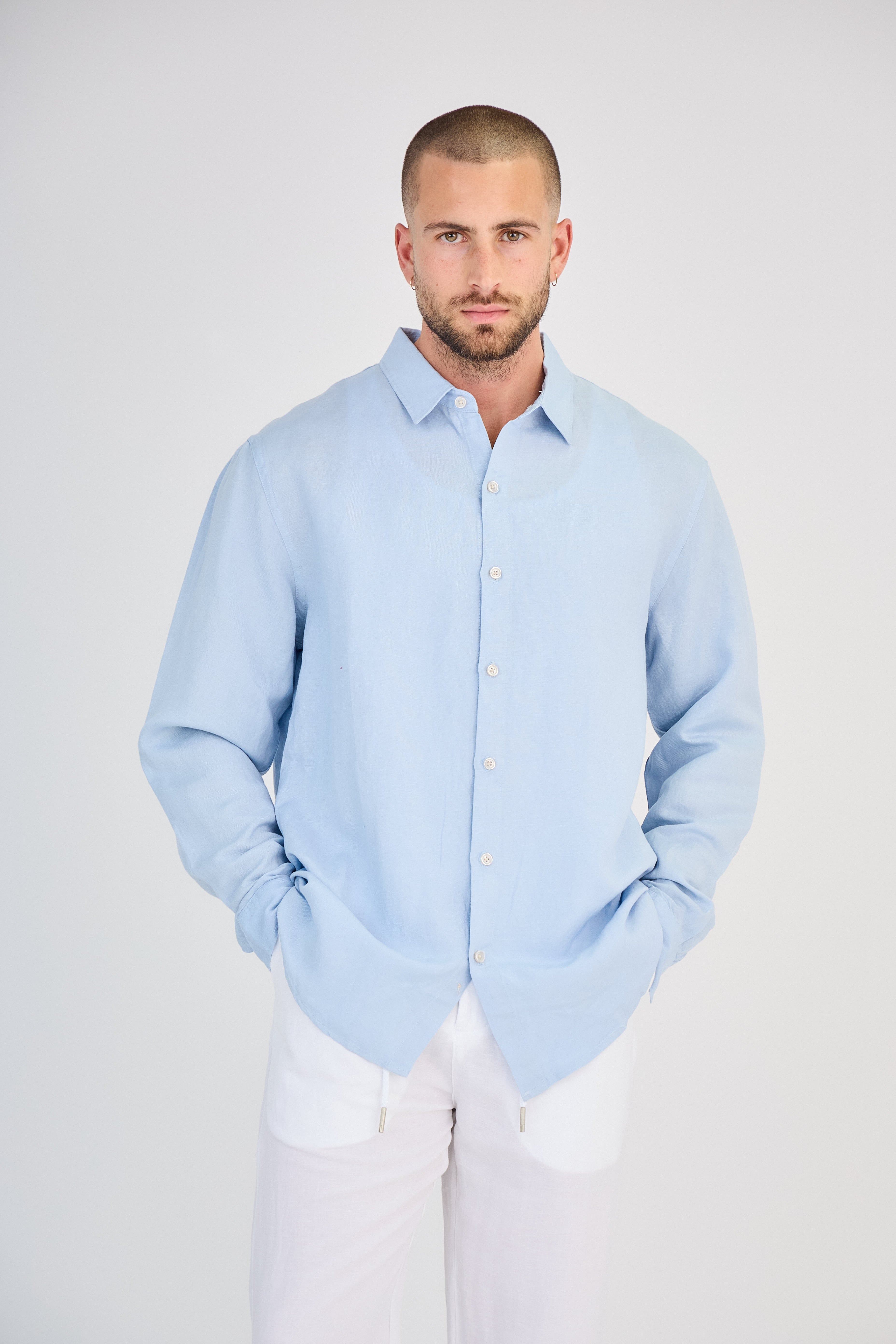 Chemise en Lin Manches Longues Bleu Ciel