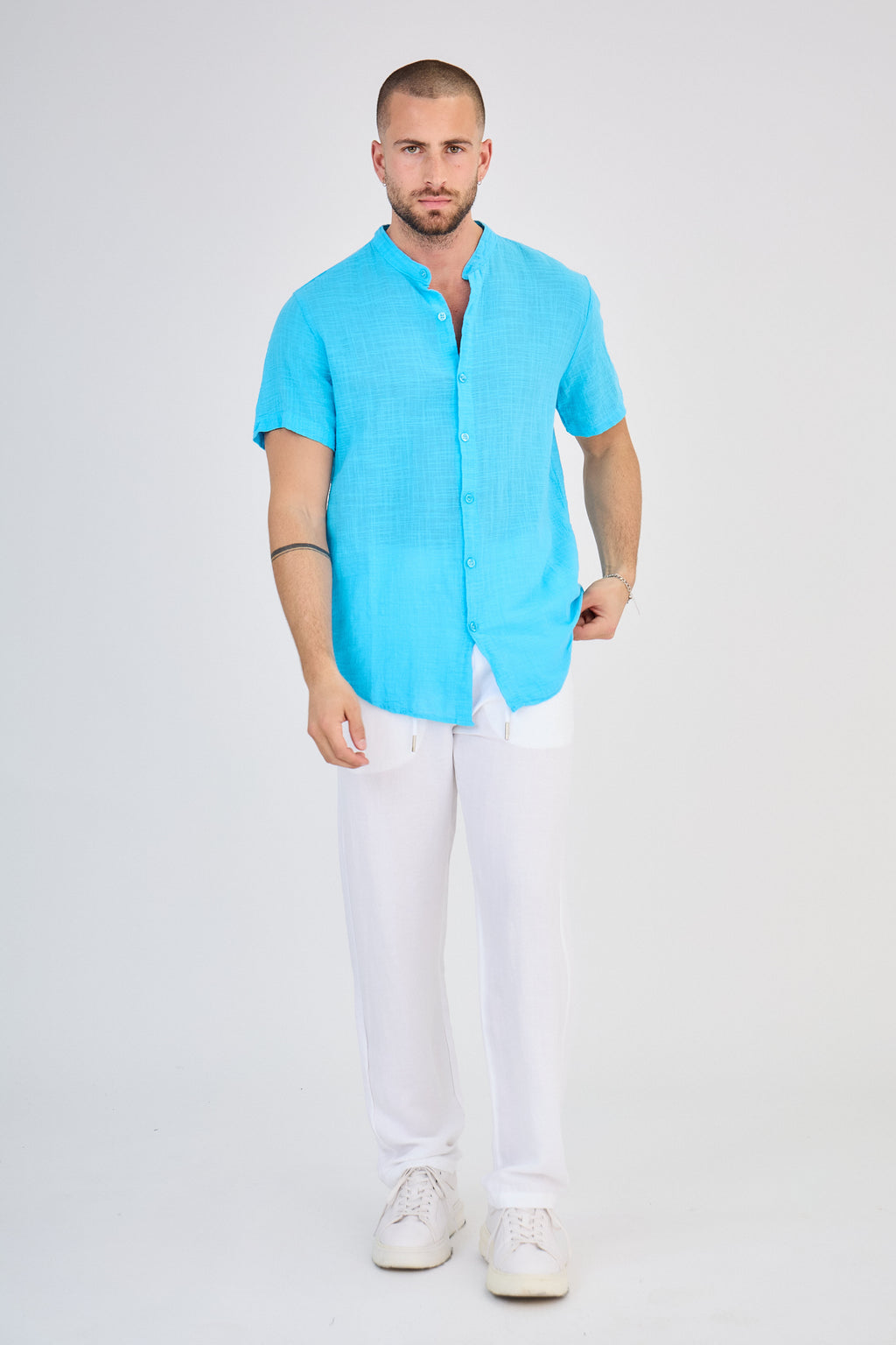 Chemise en Lin Manches Courtes Turquoise