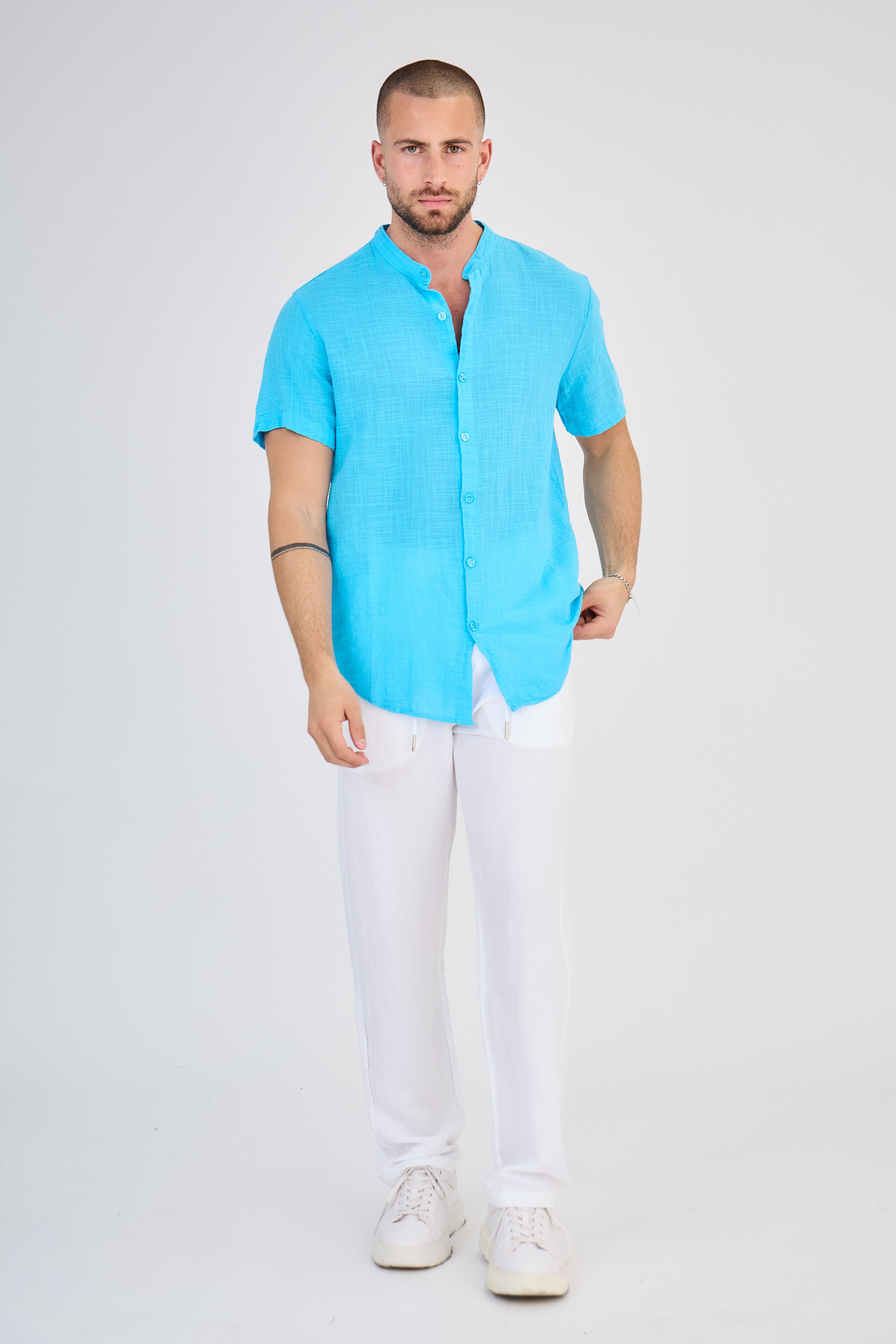 Chemise en Lin Manches Courtes Turquoise