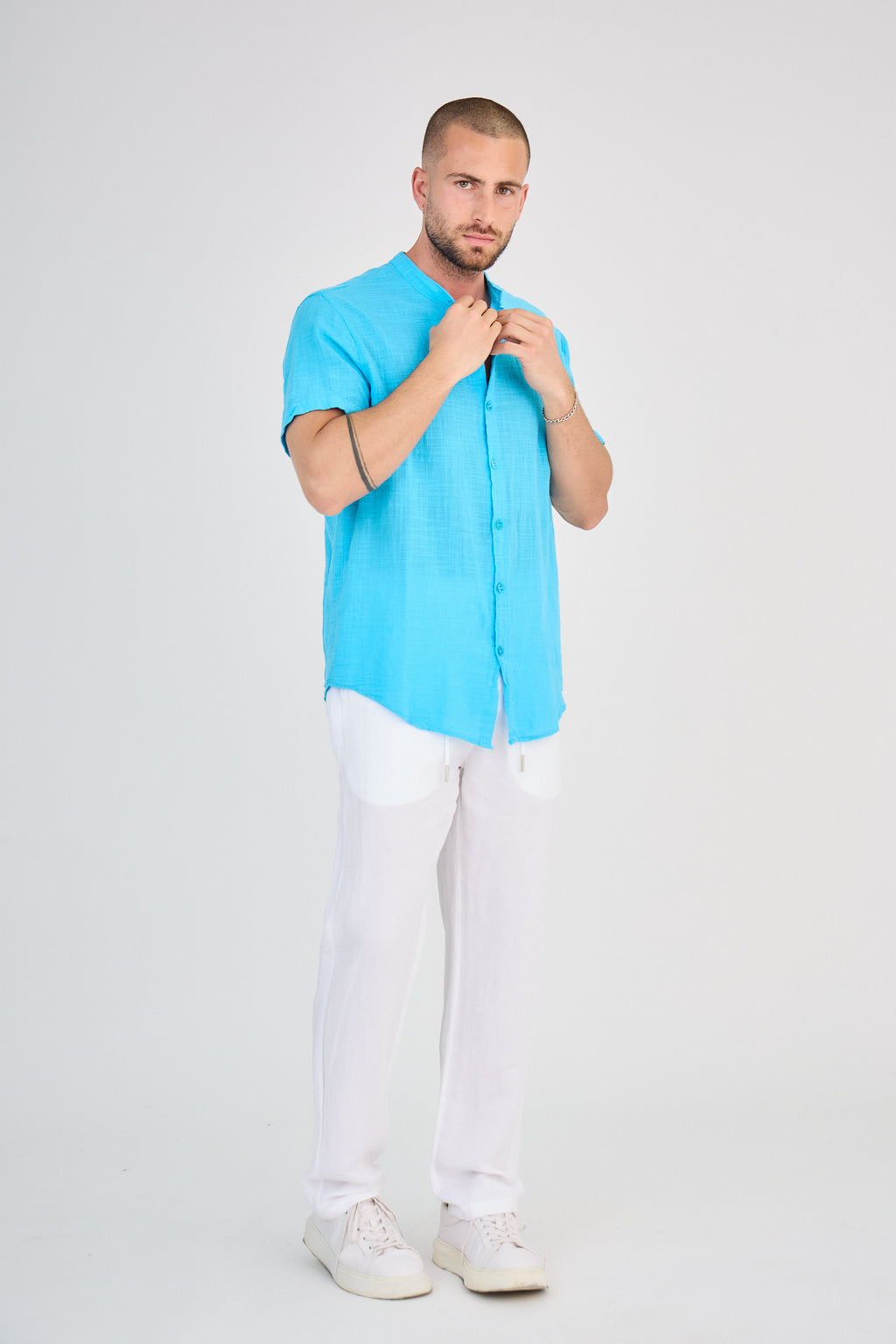 Chemise en Lin Manches Courtes Turquoise