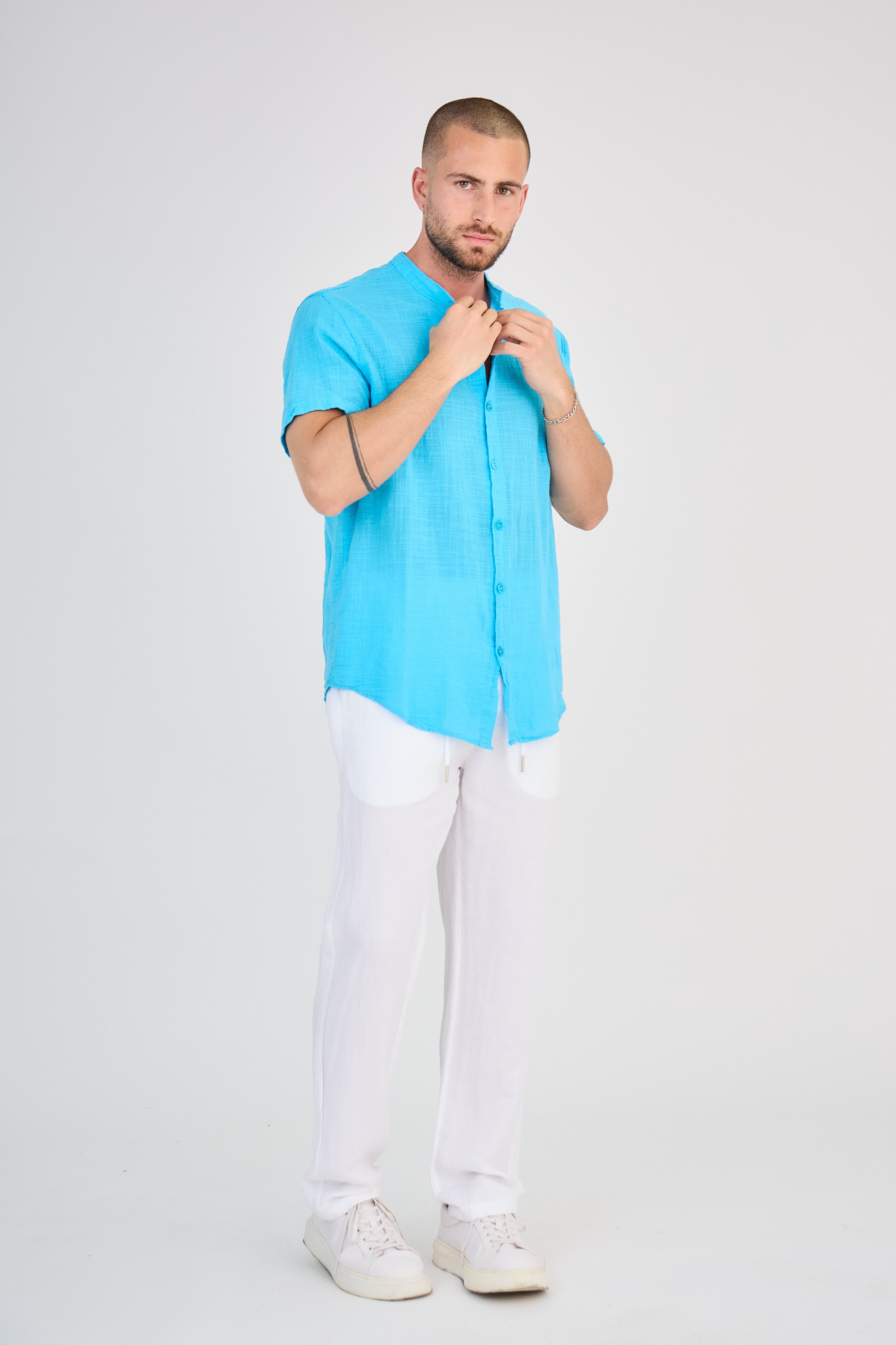 Chemise en Lin Manches Courtes Turquoise