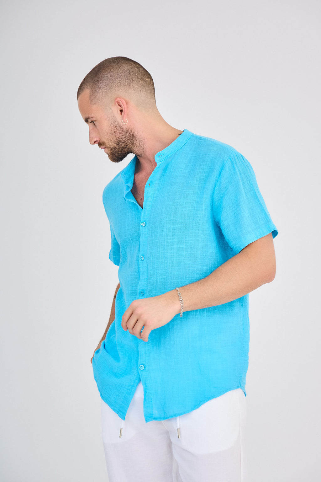 Chemise en Lin Manches Courtes Turquoise