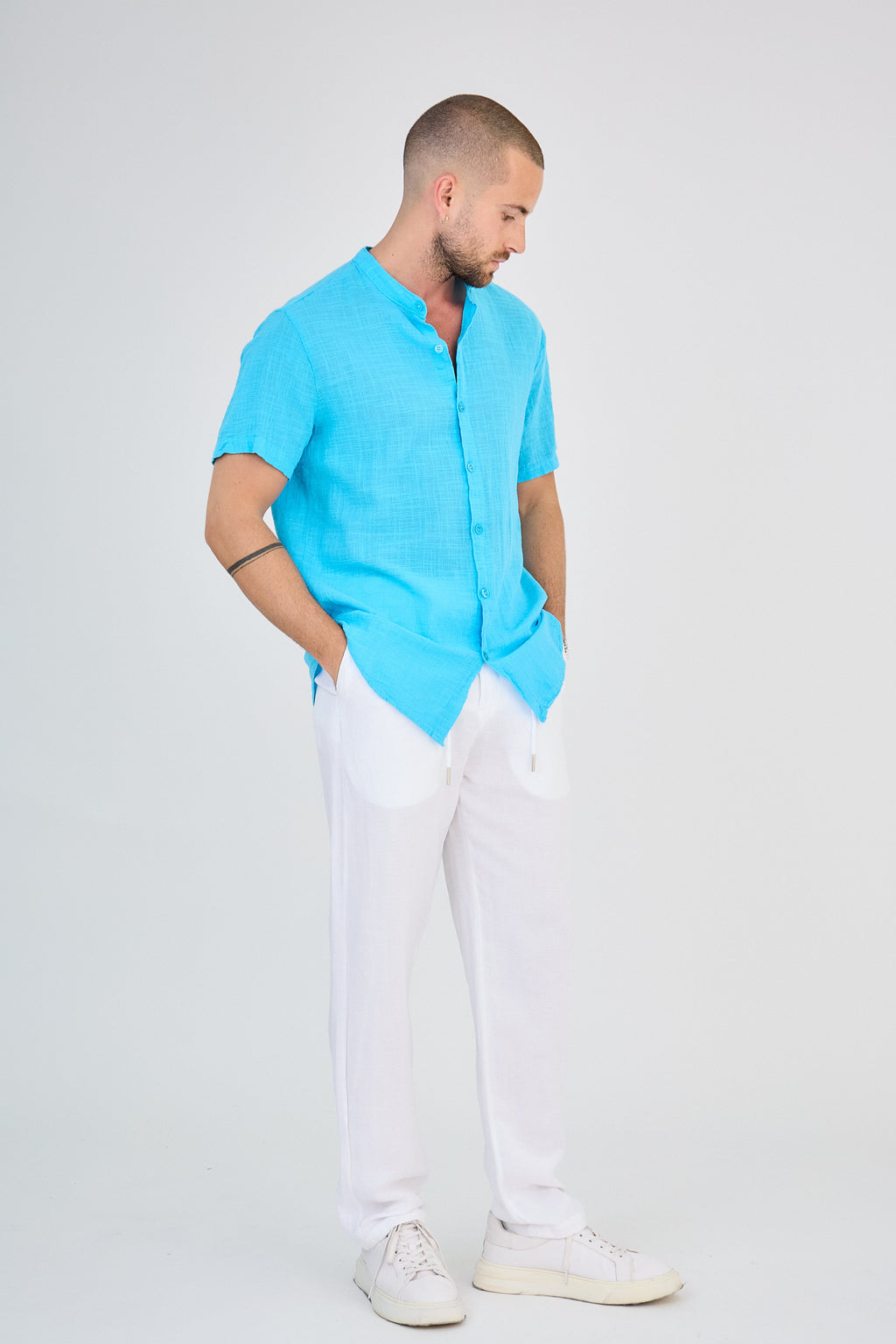 Chemise en Lin Manches Courtes Turquoise