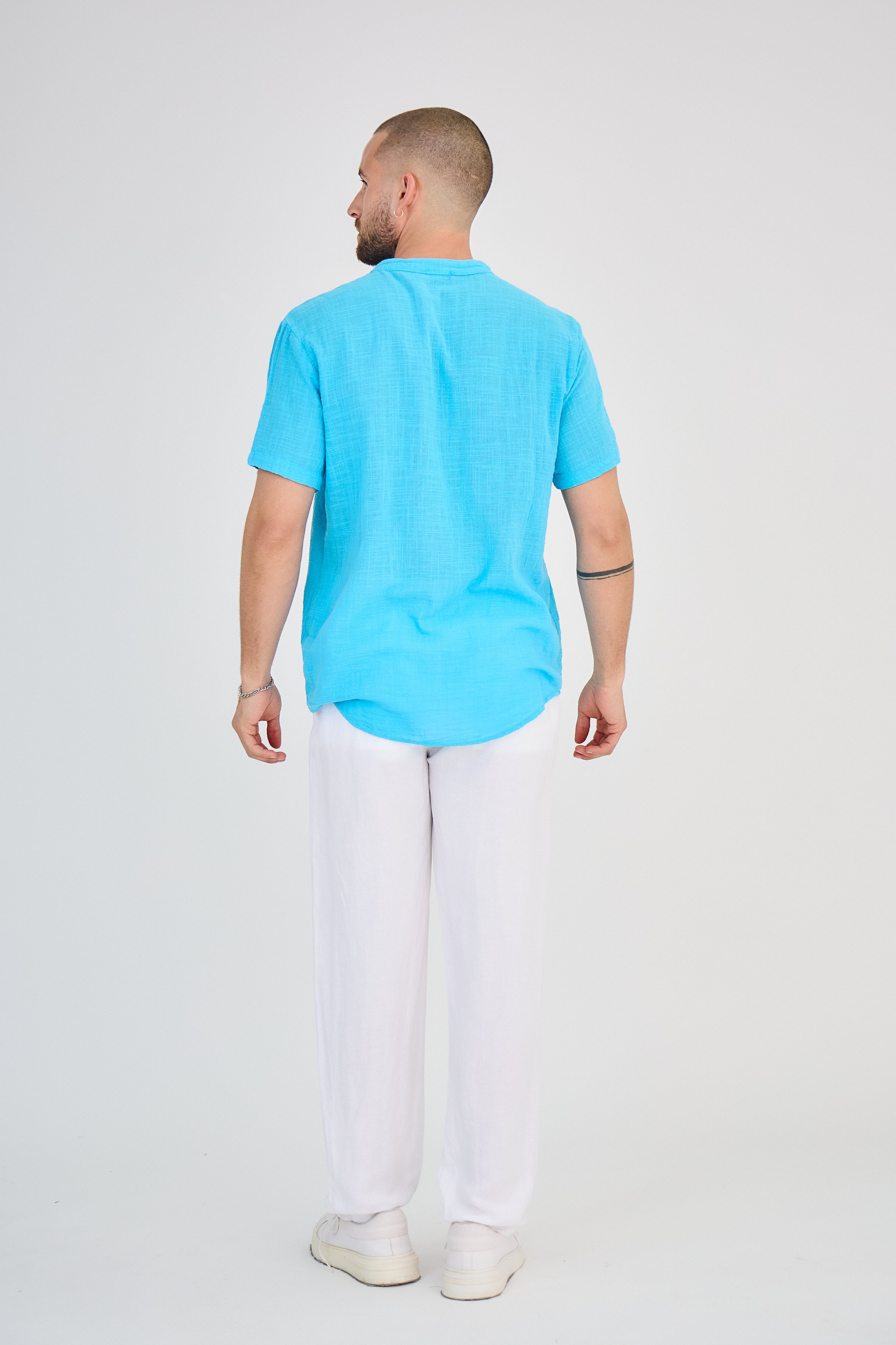 Chemise en Lin Manches Courtes Turquoise