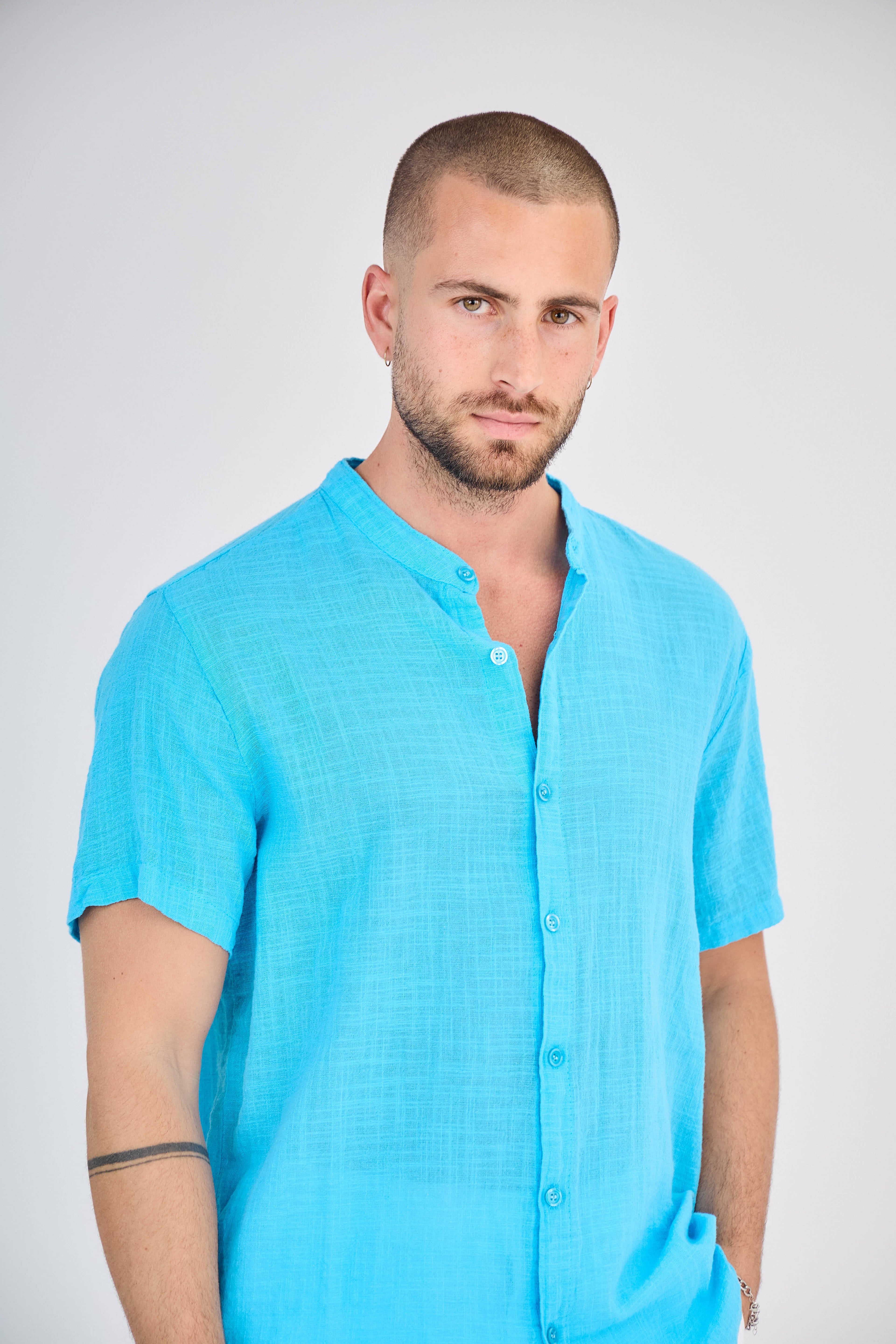 Chemise en Lin Manches Courtes Turquoise