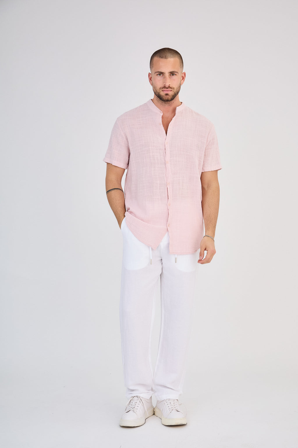 Chemise en Lin Manches Courtes Rose Clair