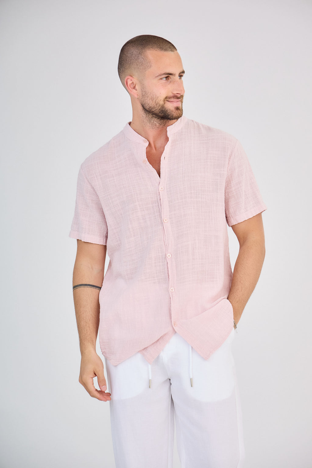 Chemise en Lin Manches Courtes Rose Clair