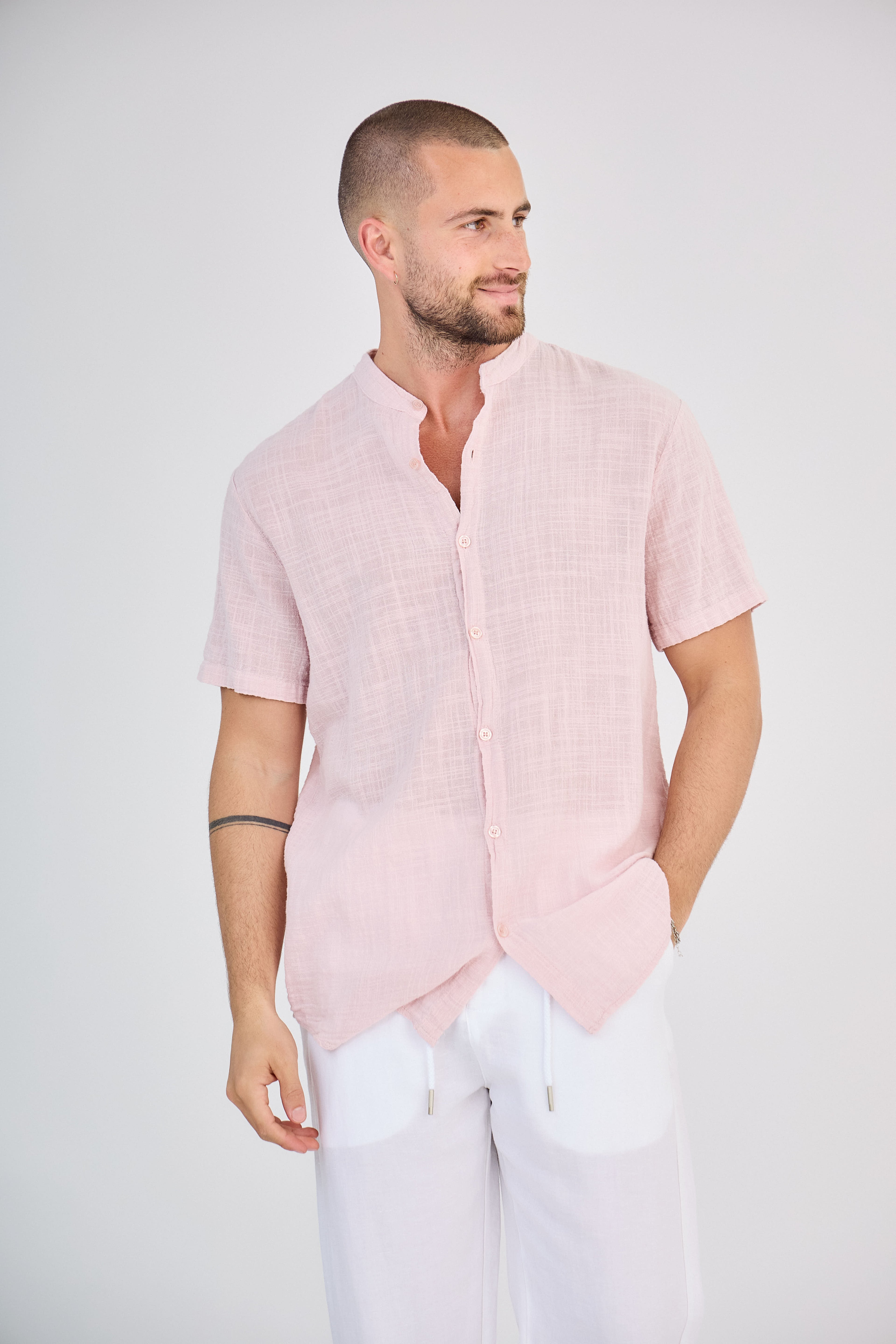 Chemise en Lin Manches Courtes Rose Clair