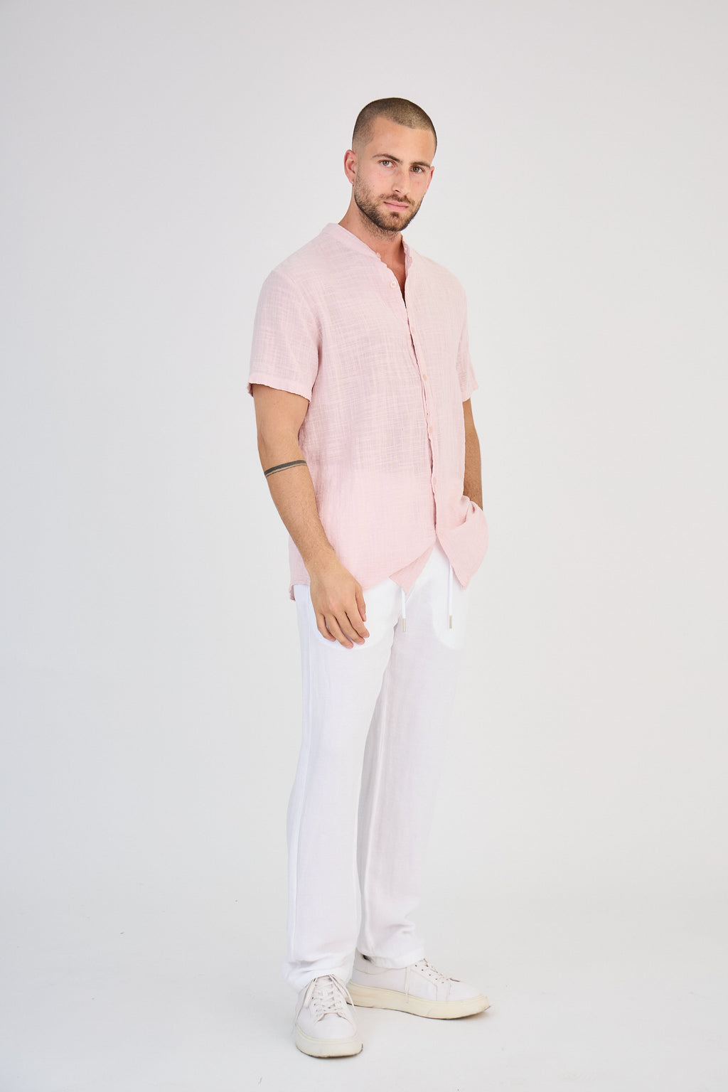 Chemise en Lin Manches Courtes Rose Clair