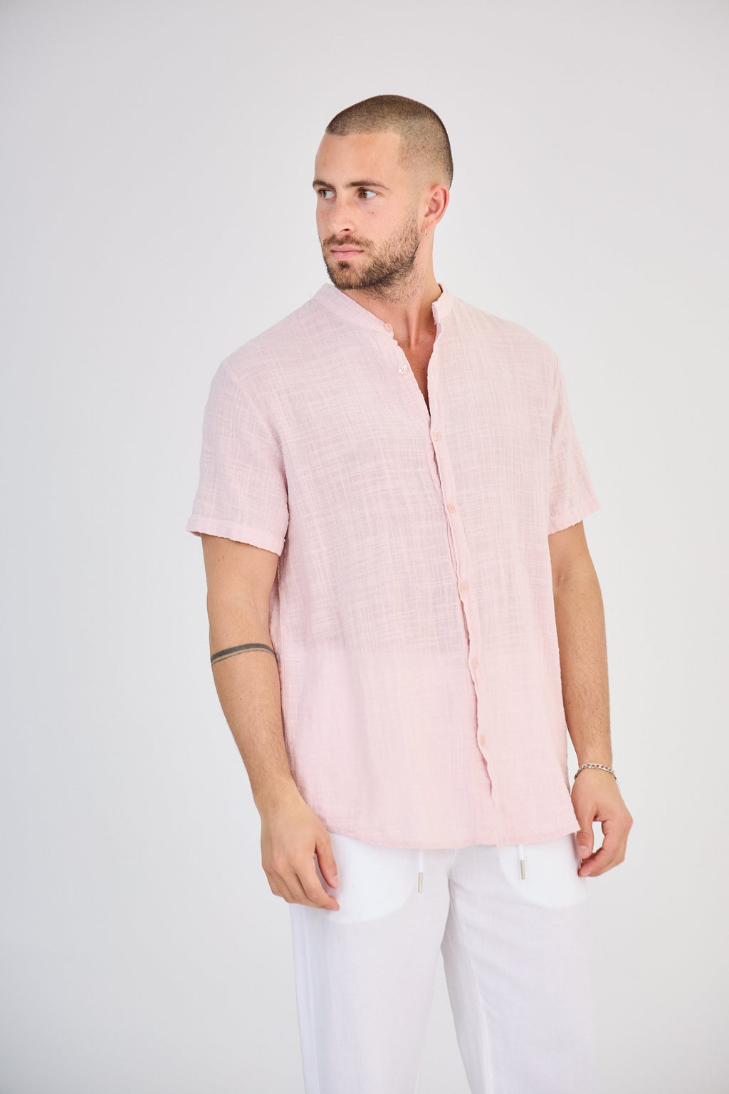 Chemise en Lin Manches Courtes Rose Clair
