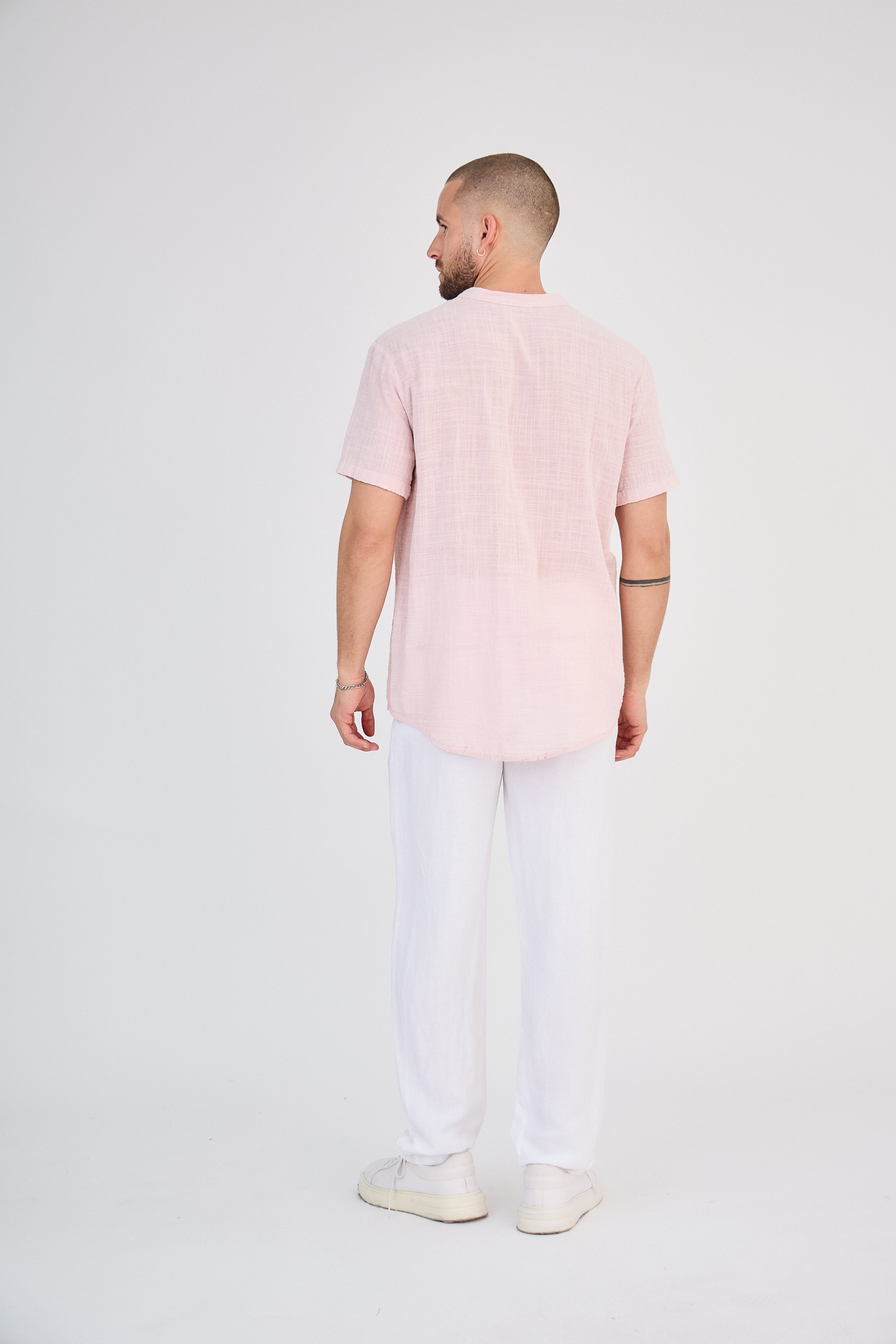 Chemise en Lin Manches Courtes Rose Clair