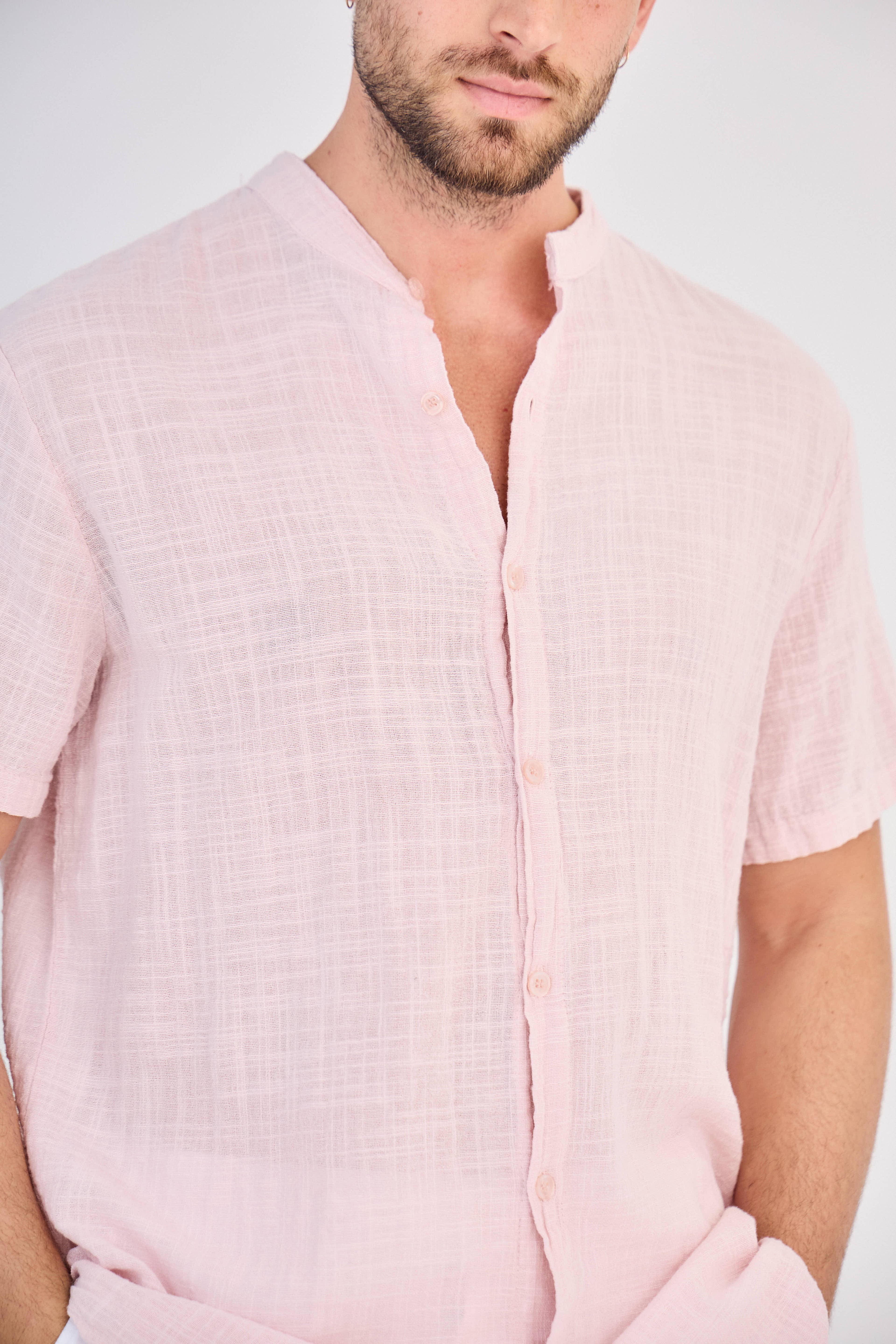 Chemise en Lin Manches Courtes Rose Clair