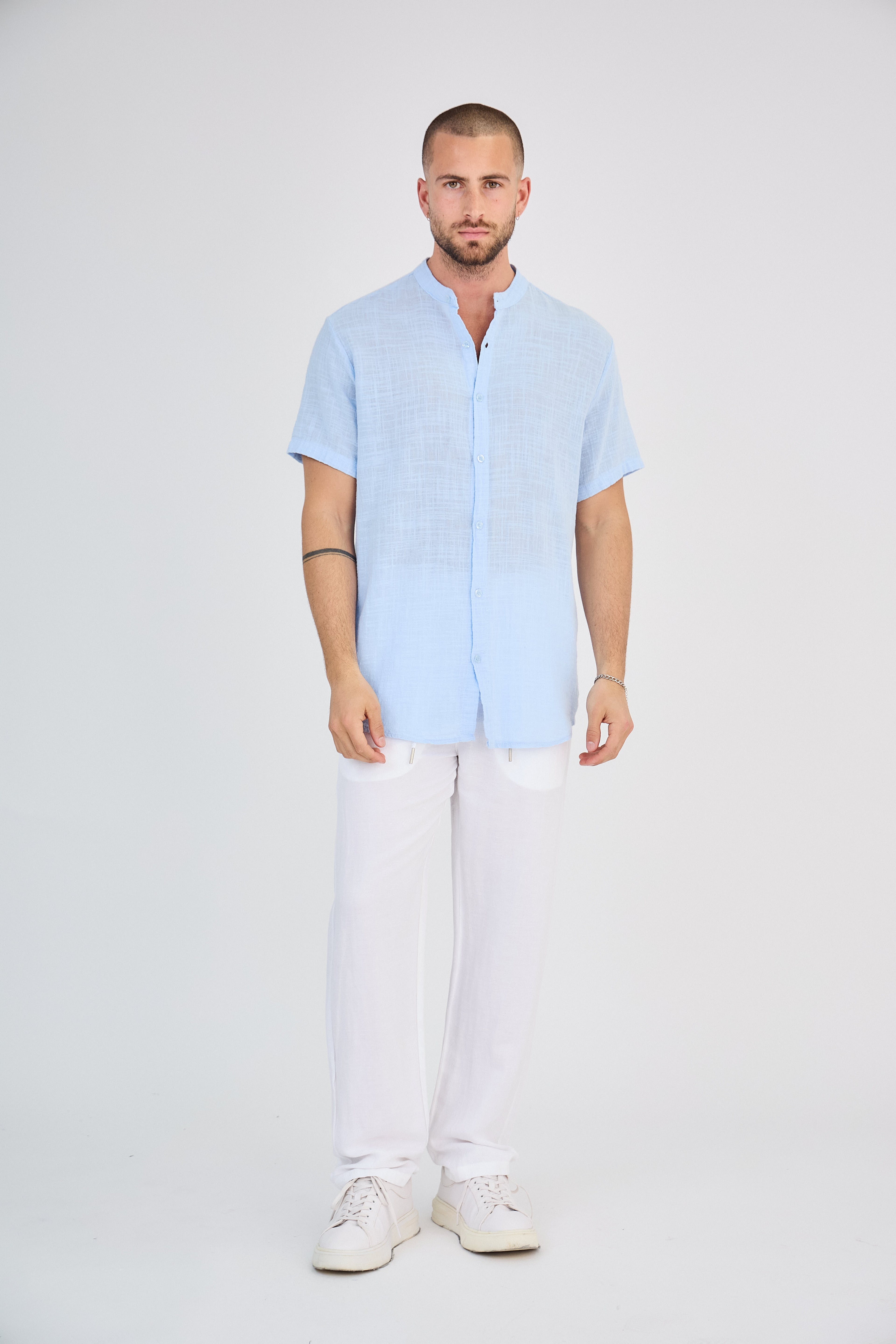 Chemise en Lin Manches Courtes Bleu Ciel