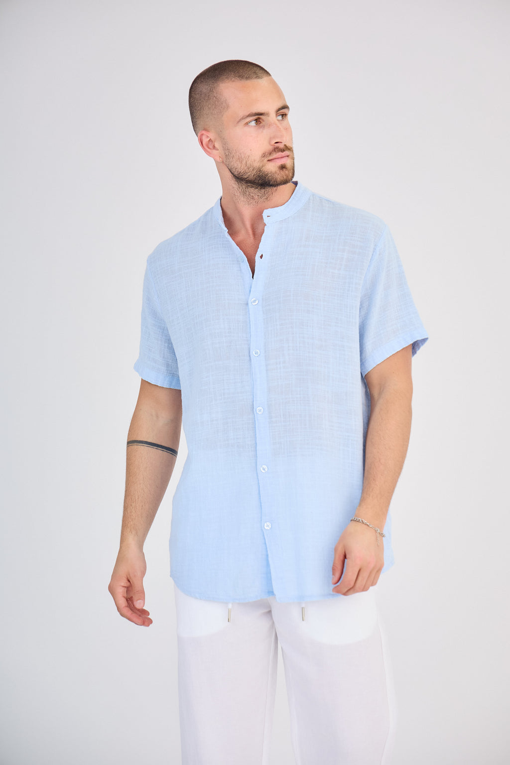 Chemise en Lin Manches Courtes Bleu Ciel