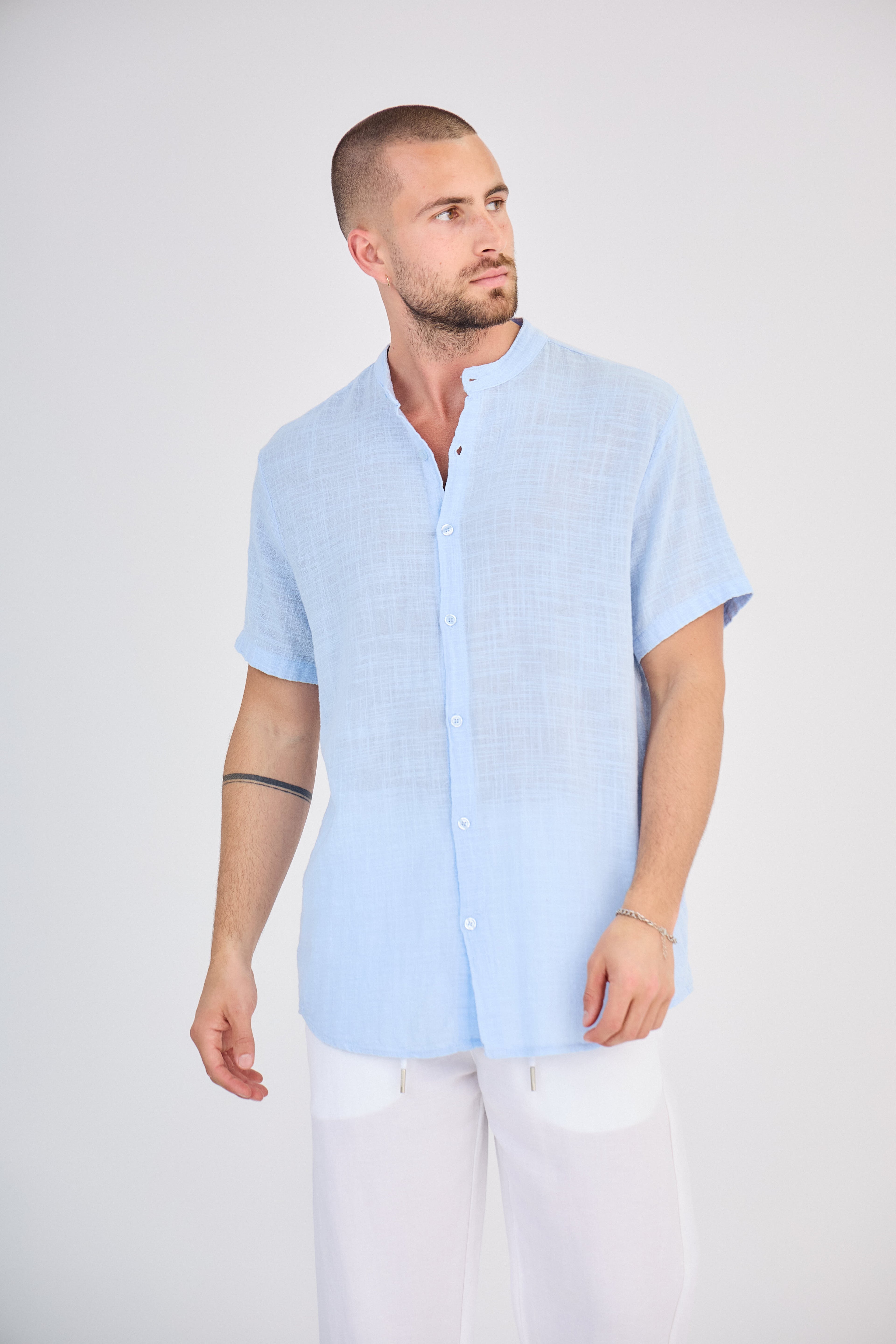 Chemise en Lin Manches Courtes Bleu Ciel